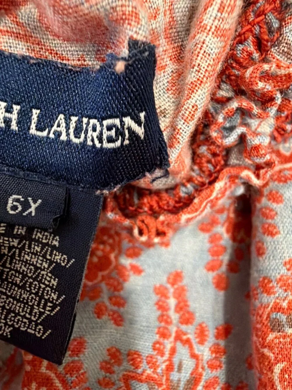Ralph Lauren Girls Paisley Smocked Dress Red Blue Short Sleeve Ruffle Hem 6X